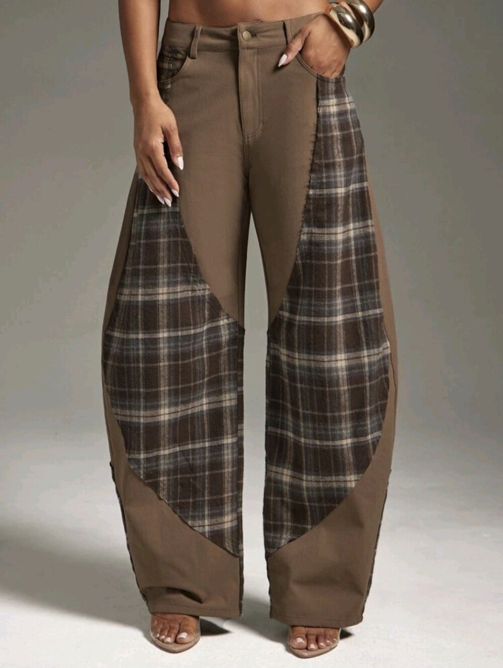 Plaid Detail Patchwork Wide Leg Pants Fashionable Bottoms Outfits Streetwear - Picture 2 of 5